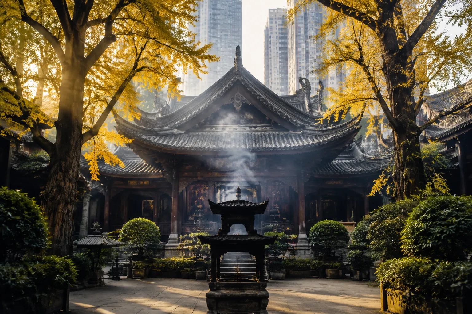Ancient Daci Temple courtyard with incense smoke and ginkgo trees, Taikoo Li skyline visible behind