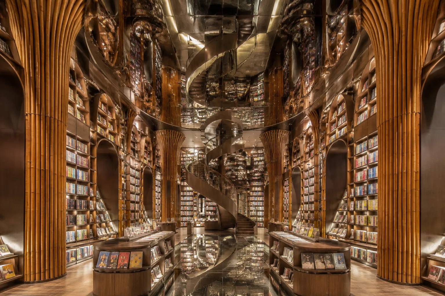 Zhongshuge Bookstore Chengdu with mirrored ceilings, spiral staircases, and arched bookshelf tunnels